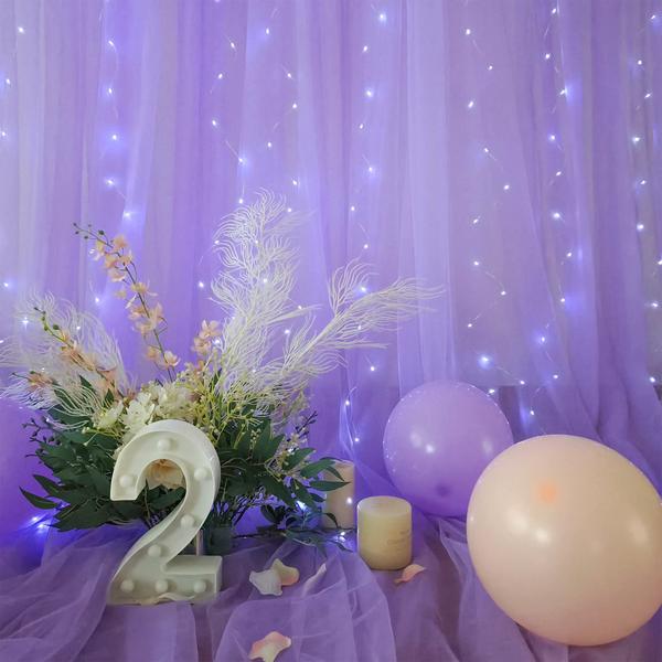 Imagem de Cortinas de fundo Suppromo Lavender Sheer com luzes 18 m x 2,4 m