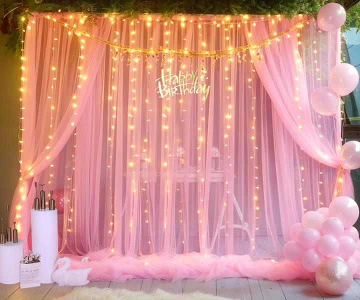 Imagem de Cortinas de fundo Suppromo rosa de tule com luzes de 15 m x 2,4 m