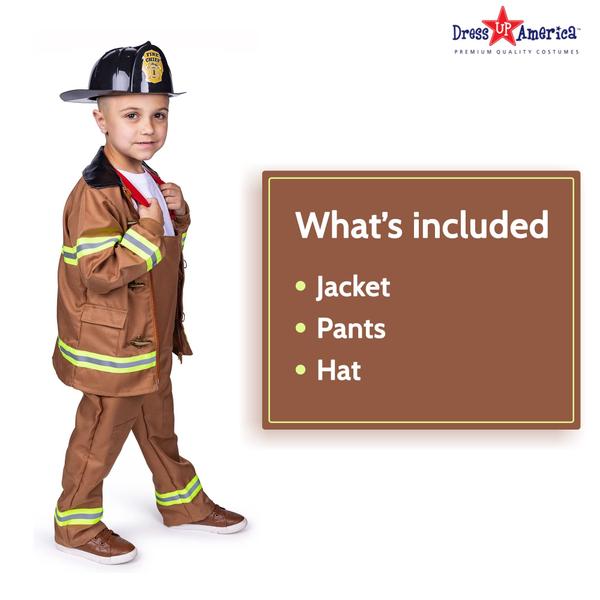 Imagem de Costume Dress Up America Fireman para crianças com capacete e acessórios.