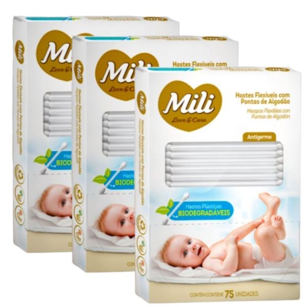 Cotonete Hastes Flexiveis 3 caixas c/75 Biodegradável MILI Imagem de Cotonete Hastes Flexiveis 3 caixas c/75 Biodegradável MILI