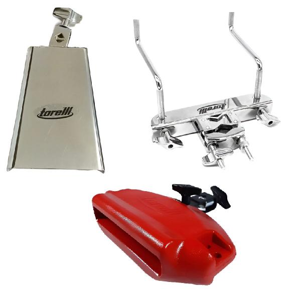 Cowbell 6'' To055 + Jam Block Grave + Mini Rack Kit Torelli - Torelli Musical Imagem de Cowbell 6'' To055 + Jam Block Grave + Mini Rack Kit Torelli