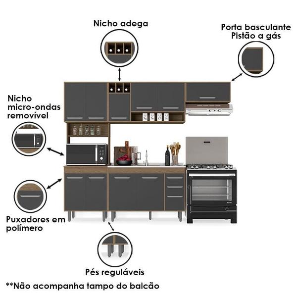 Imagem de Cozinha 4 Peças Ambiente Barcelona com Balcão de Pia Carvalho Grafite  Poliman