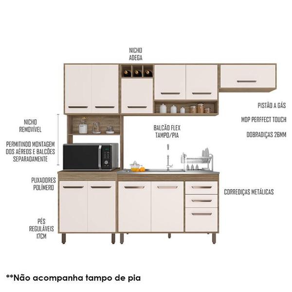 Imagem de Cozinha 4 Peças Barcelona com Balcão de Pia Carvalho OAK Off White  Poliman