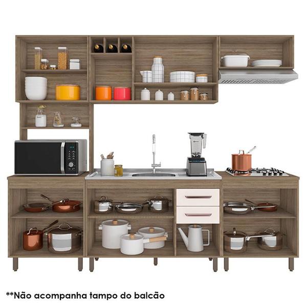 Imagem de Cozinha 5 Peças com Balcão de Pia Ambiente Barcelona Carvalho OAK Off White  Poliman