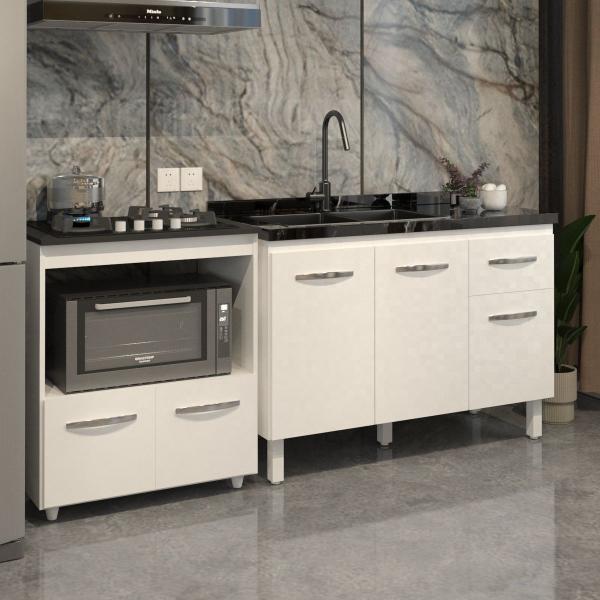 Imagem de Cozinha Armário Balcão Gabinete de Pia Aline 120 cm e Balcão Evelyn para Fogão Cooktop 4 Bocas e Forno Branco