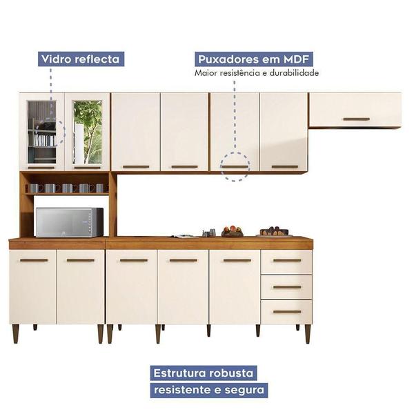 Imagem de Cozinha Atenas Com Vidro Reflecta 12 Portas 3 Gavetas Naturalle Com Off White