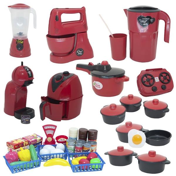 Imagem de Cozinha Brinquedo Vermelho Mercado Jogo Panela Air Fryer 50p