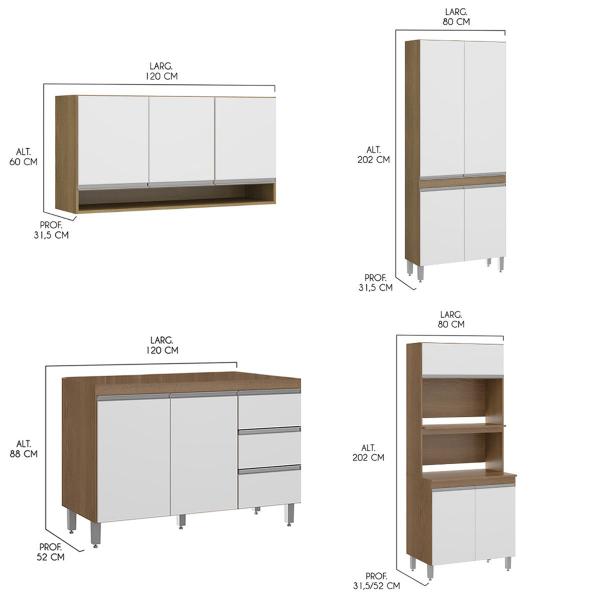 Imagem de Cozinha Canto Modulada Completa Balcão Torre Quente Sabrina 252/254x202 Cm 8 Peças MDP Branco MENU