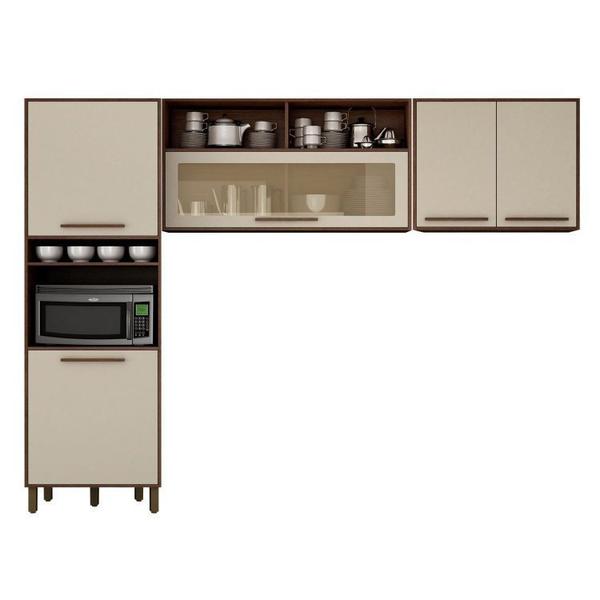 Imagem de Cozinha com Balcão 120cm 3 Portas 2 Gavetas e Armário Aéreo 120cm com Vidro e 1 Paneleiro Salvador Chocolate/Off White