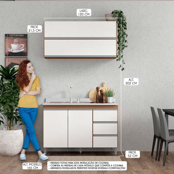 Cozinha com Balcão para Pia Modulada Sabrina 120 Cm 3 Peças MDP Branco MENU - Menu Móveis Imagem de Cozinha com Balcão para Pia Modulada Sabrina 120 Cm 3 Peças MDP Branco MENU
