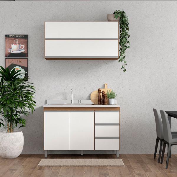 Cozinha com Balcão para Pia Modulada Sabrina 120 Cm 3 Peças MDP Branco MENU - Menu Móveis Imagem de Cozinha com Balcão para Pia Modulada Sabrina 120 Cm 3 Peças MDP Branco MENU