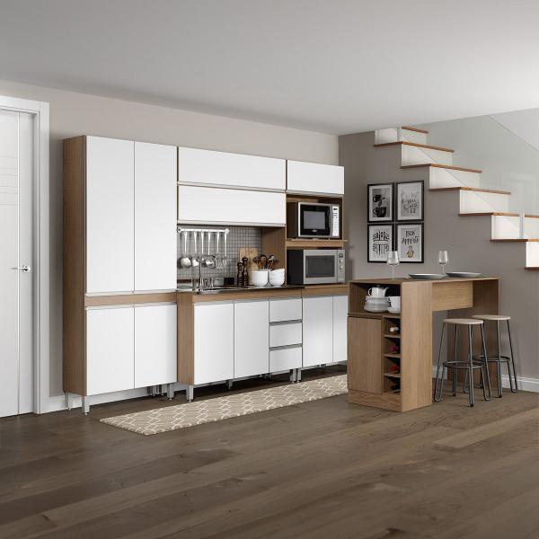 Imagem de Cozinha com Bancada Ilha Armário Modulado Sabrina 280 x 202 Cm 6 Peças MDP Branco MENU