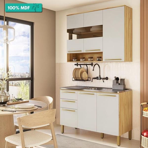 Imagem de Cozinha Compacta 100% Mdf Com 2 Peças 6 Portas 2 Gavetas Napoli Prime Rio Doce Amêndoa/Off White