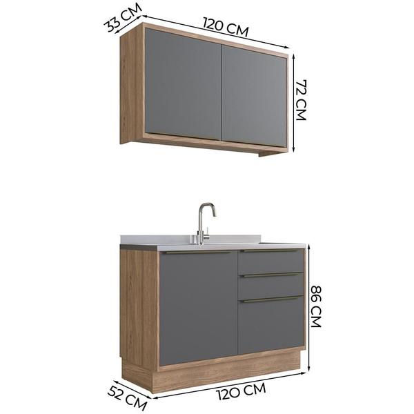 Imagem de Cozinha Compacta 100% MDF Modulada Édez Uno, 2 Peças, Grafite e Louro Freijó