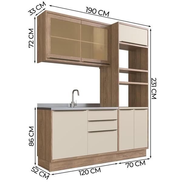 Imagem de Cozinha Compacta 100% MDF Modular Édez Uno, 3 Peças, Off White e Louro Freijo