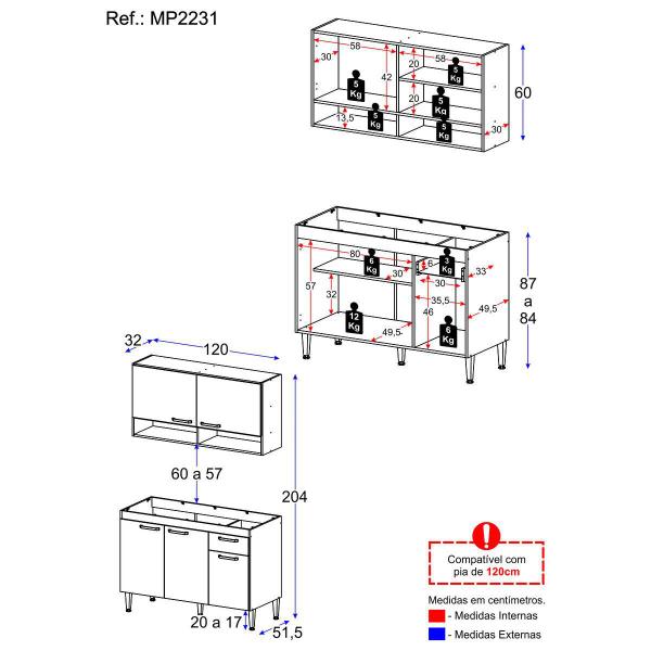 Imagem de Cozinha Compacta 120cm com Armário e Balcão para Pia Paris Multimóveis MP2231