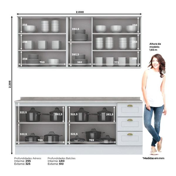 Imagem de Cozinha Compacta 200cm Americana 4 peças 9 Portas 3 Gavetas Henn - Branco Fosco