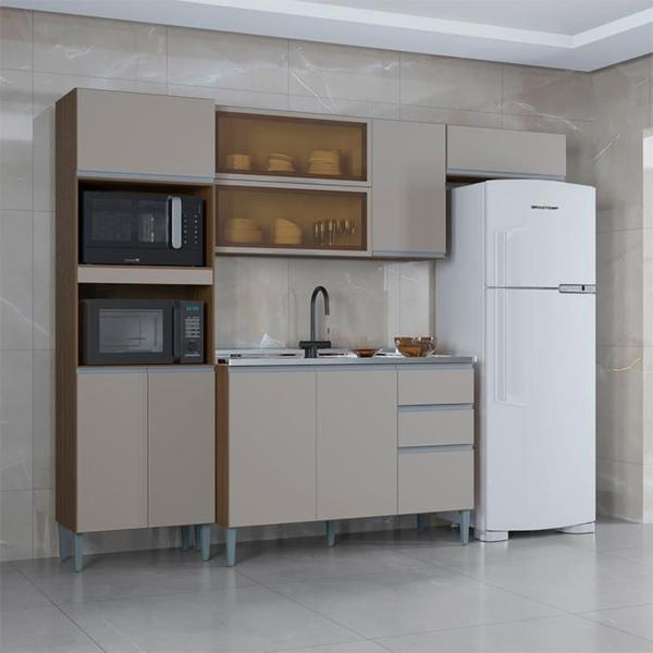 Cozinha Compacta 205 cm Com Balcao Pia Castanho Off White POQQ - Poquema Imagem de Cozinha Compacta 205 cm Com Balcao Pia Castanho Off White POQQ