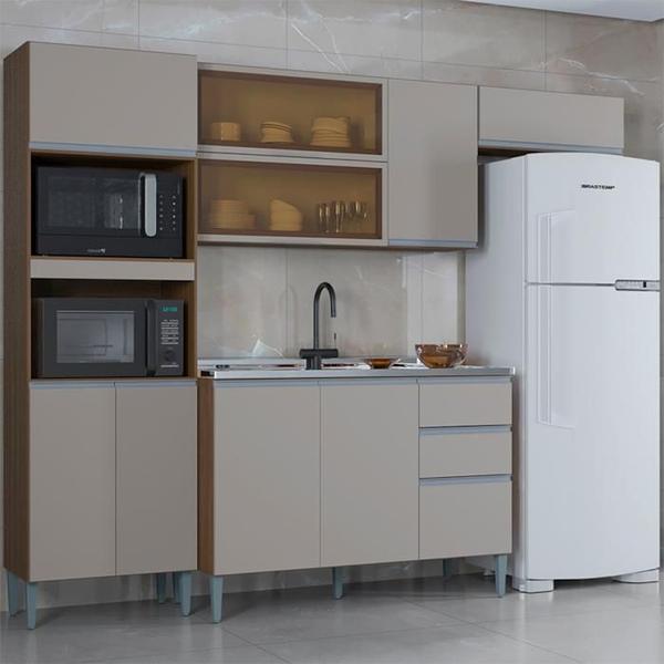 Cozinha Compacta 205 cm Com Balcao Pia Castanho Off White POQQ - Poquema Imagem de Cozinha Compacta 205 cm Com Balcao Pia Castanho Off White POQQ