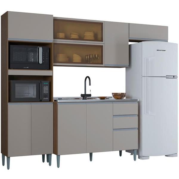 Cozinha Compacta 205 cm Com Balcao Pia Castanho Off White POQQ - Poquema Imagem de Cozinha Compacta 205 cm Com Balcao Pia Castanho Off White POQQ