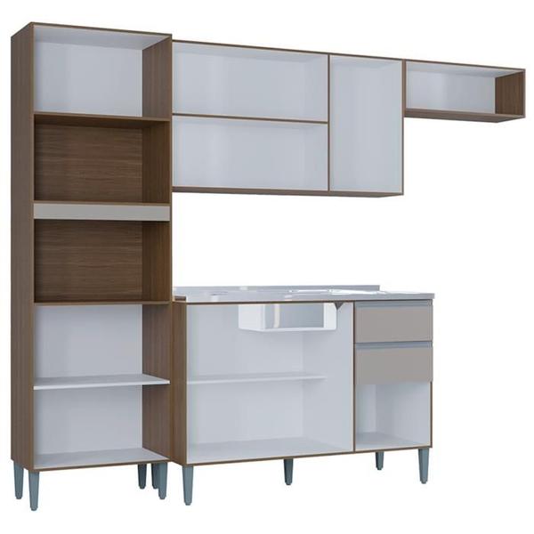 Cozinha Compacta 205 cm Com Balcao Pia Castanho Off White POQQ - Poquema Imagem de Cozinha Compacta 205 cm Com Balcao Pia Castanho Off White POQQ