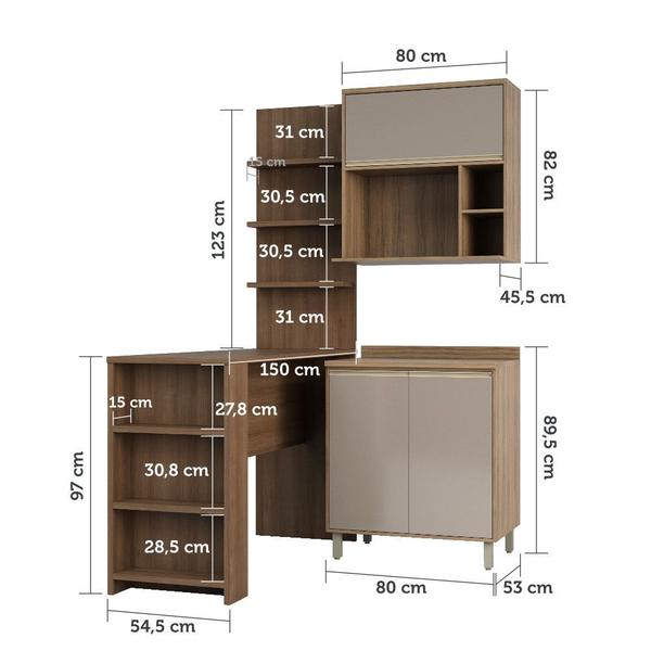 Imagem de Cozinha Compacta 4 Peças com Bancada Mesa Gourmet Armário com Nicho Balcão 80cm Mel Luciane Móveis