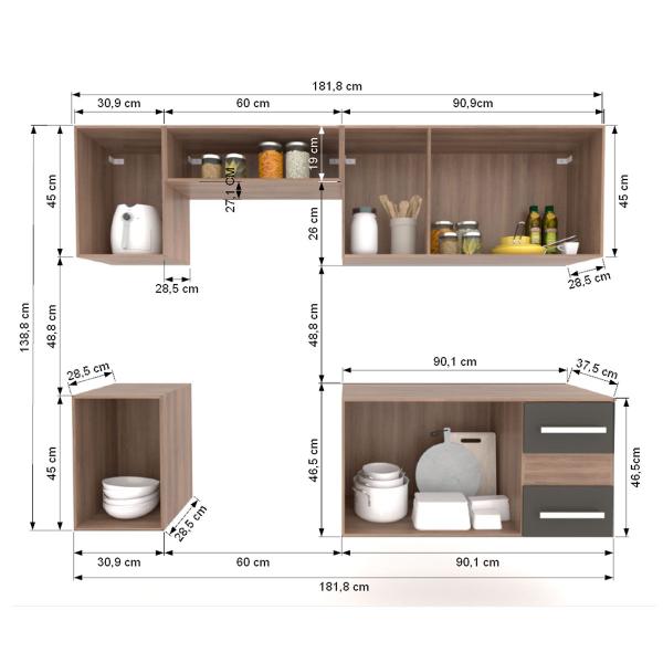 Imagem de Cozinha Compacta Ana 7 Portas 2 Gavetas Castanho/Preto - Panorama Móveis