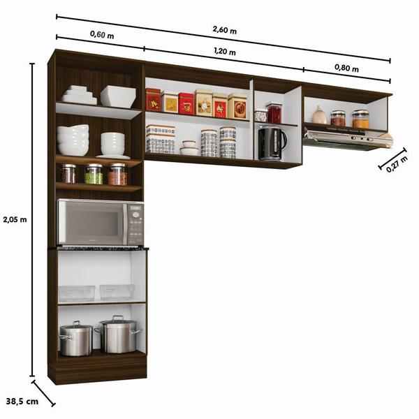 Imagem de Cozinha Compacta Armário Multiuso Nicho 6 Portas Basculante 4 Prateleiras Marrom Madeira Branco