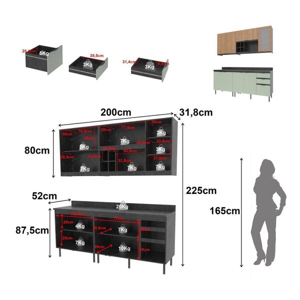 Imagem de Cozinha Compacta Azaleia 200cm com Tampo, 4 Peças, 8 Portas e 3 Gavetas com Divisor de Talheres