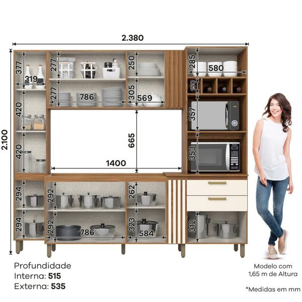 Imagem de Cozinha Compacta Beatriz 2 Fornos com Vidro Espresso Móveis Nature e Off White