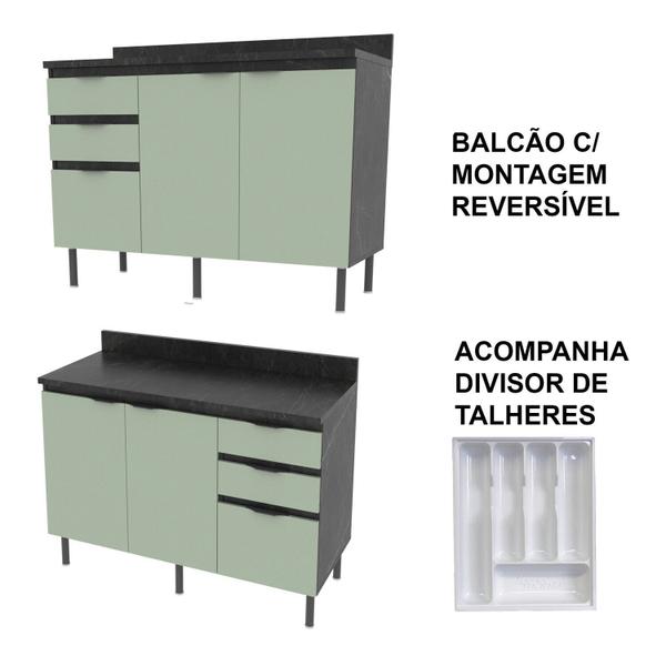 Imagem de Cozinha Compacta Begônia 180 Cm 3 Peças, 6 Portas e 4 Gavetas com Divisor de Talheres e Tampo Cz1203 Mármore Lunar/Verde Mar