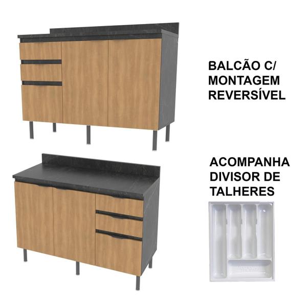 Imagem de Cozinha Compacta Begônia 180cm 3 Peças, 6 Portas e 4 Gavetas com Divisor de Talheres e Tampo Cz1203 Mármore Lunar/Freijó/Verde Mar