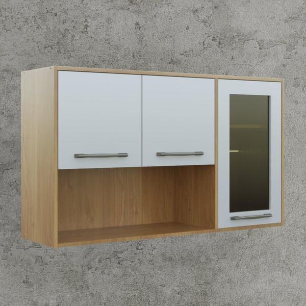 Imagem de Cozinha Compacta com 1 Aéreo 3 Portas com Nicho e Vidro e 1 Balcão 3 Portas e 2 Gavetas Austria Cinamomo/Off White