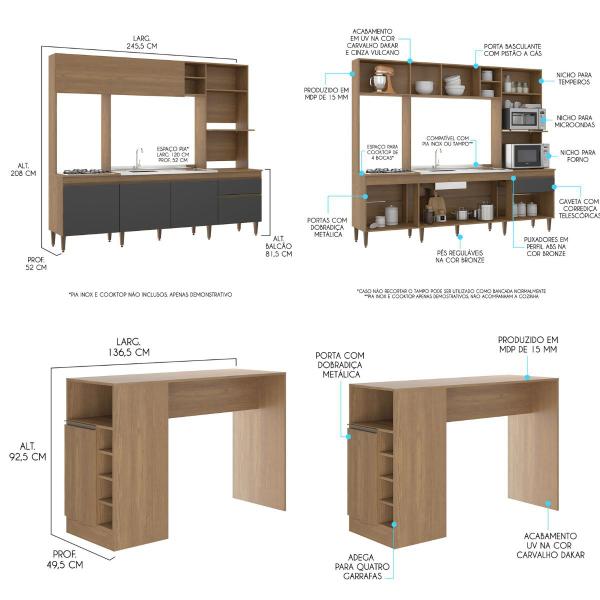 Imagem de Cozinha Compacta com Bancada Gourmet 245x208Cm MDP Carvalho 0339 MENU