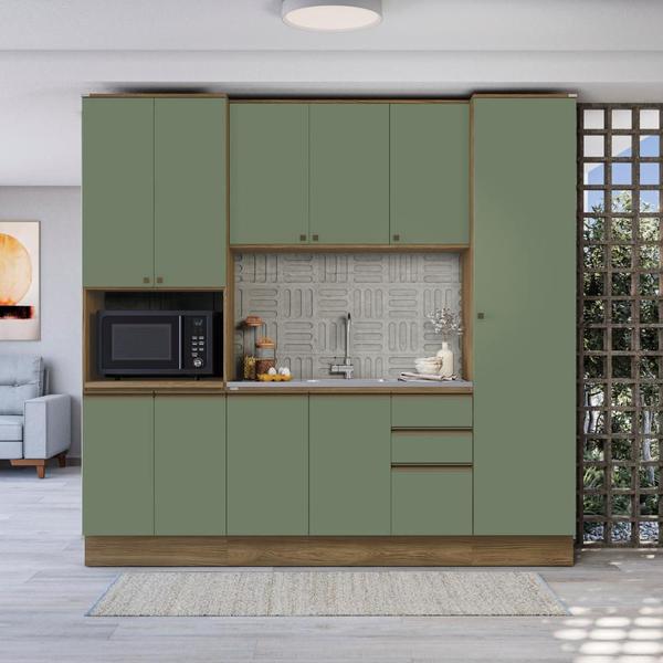 Imagem de Cozinha Compacta com Kit Forno Celeste Kappesberg 100% MDF Nogueira/Verde 240cm