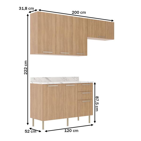 Imagem de Cozinha Compacta Dália 6 Portas 3 Gavetas Freijó/Mármore Branco - Tecno Mobili