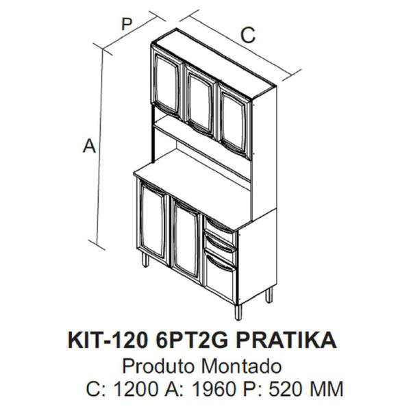 Imagem de Cozinha Compacta em Aço 120cm 6 Portas 3 de Vidro 2 Gavetas Pratika