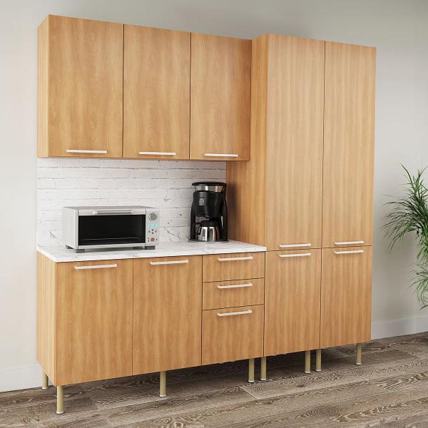 Imagem de Cozinha Compacta Jasmine 9 Portas e 3 Gavetas com Divisor de Talheres Freijó/Mármore Branco - Tecnomobili