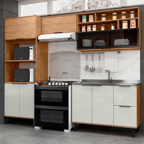 Imagem de Cozinha Compacta Laura 7 Portas 3 Gavetas com Vidro 100% Mdf Freijo/Off White - Mx Móveis