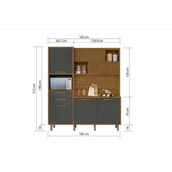 Imagem de Cozinha Compacta Loft Imperatriz 3Nichos Microondas c/6Portas e 2Gavetas Ripado 183x212cm Freijo/Grafite - Nesher