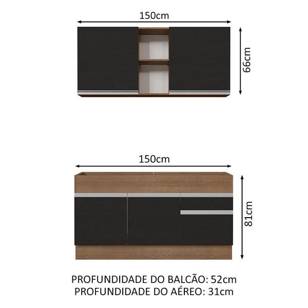 Imagem de Cozinha Compacta Madesa Glamy 150002 com Armário e Balcão (Sem Tampo e Pia) - Rustic/Preto