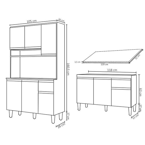 Imagem de Cozinha Compacta Márcia e Balcão Gabinete Com Tampo Tatiane 120cm Cinza - AJL Móveis