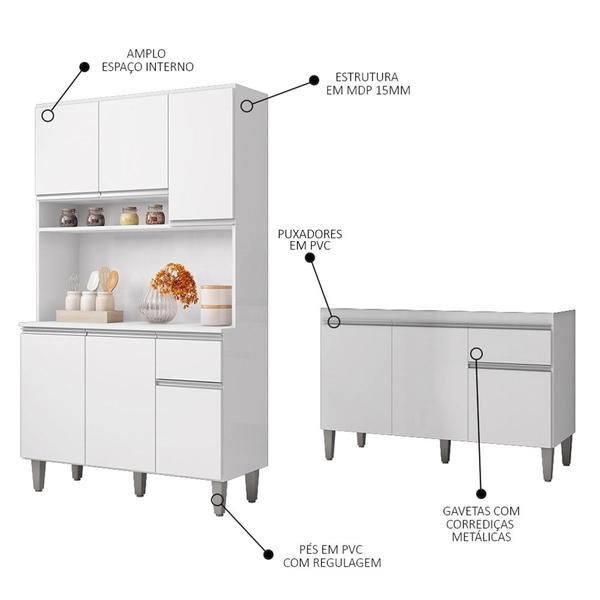 Imagem de Cozinha Compacta Márcia e Balcão Gabinete Sem Tampo Tatiane 120cm Branco - AJL Móveis