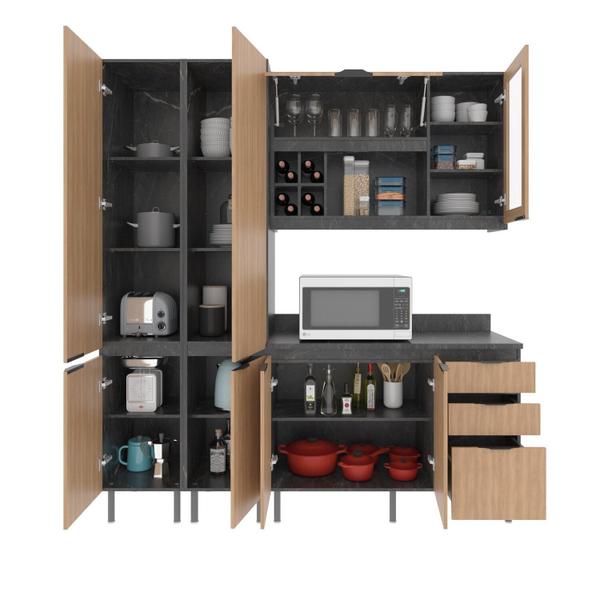 Cozinha Compacta Margarida 200cm com Tampo, 4 Peças, 8 Portas e 3 Gavetas com Divisor de Talheres - Tecno Mobili Imagem de Cozinha Compacta Margarida 200cm com Tampo, 4 Peças, 8 Portas e 3 Gavetas com Divisor de Talheres