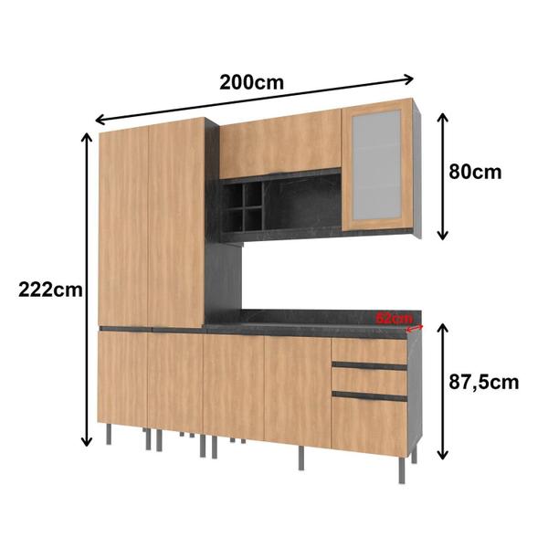 Cozinha Compacta Margarida 200cm com Tampo, 4 Peças, 8 Portas e 3 Gavetas com Divisor de Talheres - Tecno Mobili Imagem de Cozinha Compacta Margarida 200cm com Tampo, 4 Peças, 8 Portas e 3 Gavetas com Divisor de Talheres