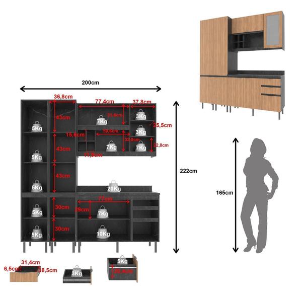 Cozinha Compacta Margarida 200cm com Tampo, 4 Peças, 8 Portas e 3 Gavetas com Divisor de Talheres - Tecno Mobili Imagem de Cozinha Compacta Margarida 200cm com Tampo, 4 Peças, 8 Portas e 3 Gavetas com Divisor de Talheres