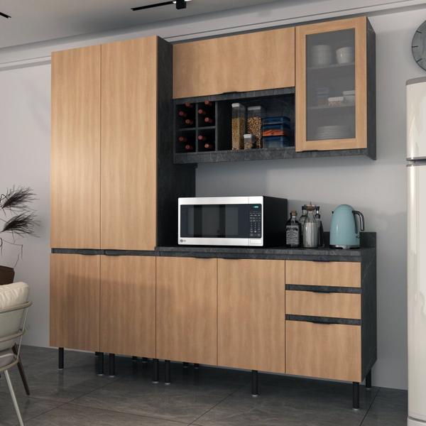 Cozinha Compacta Margarida 200cm com Tampo, 4 Peças, 8 Portas e 3 Gavetas com Divisor de Talheres - Tecno Mobili Imagem de Cozinha Compacta Margarida 200cm com Tampo, 4 Peças, 8 Portas e 3 Gavetas com Divisor de Talheres