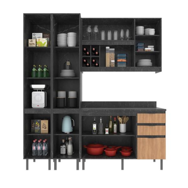 Cozinha Compacta Margarida 200cm com Tampo, 4 Peças, 8 Portas e 3 Gavetas com Divisor de Talheres - Tecno Mobili Imagem de Cozinha Compacta Margarida 200cm com Tampo, 4 Peças, 8 Portas e 3 Gavetas com Divisor de Talheres