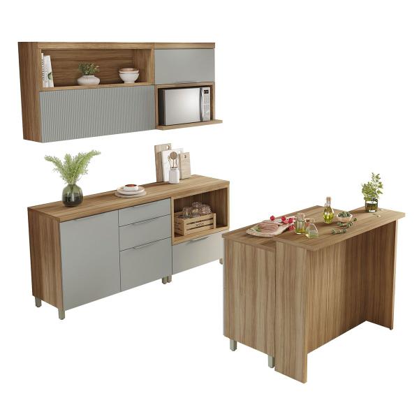 Imagem de Cozinha Compacta Marquesa 4 Portas 7 Gavetas com Ilha Ripado 100% Mdf Nature/Verde - Nesher