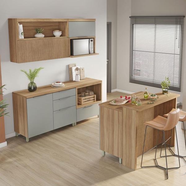 Imagem de Cozinha Compacta Marquesa 4 Portas 7 Gavetas com Ilha Ripado 100% Mdf Verde/Nature - Nesher